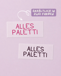 DTF Bügelbild „Alles Paletti“ als handgeschriebener Schriftzug in zwei Farbvarianten zum Aufbügeln auf T-Shirts, Hoodies und Stofftaschen.
